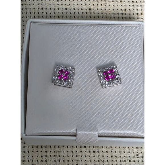 Lab Created Ruby White Sapphire Square Cluster Studs NWT - Picture 1 of 3